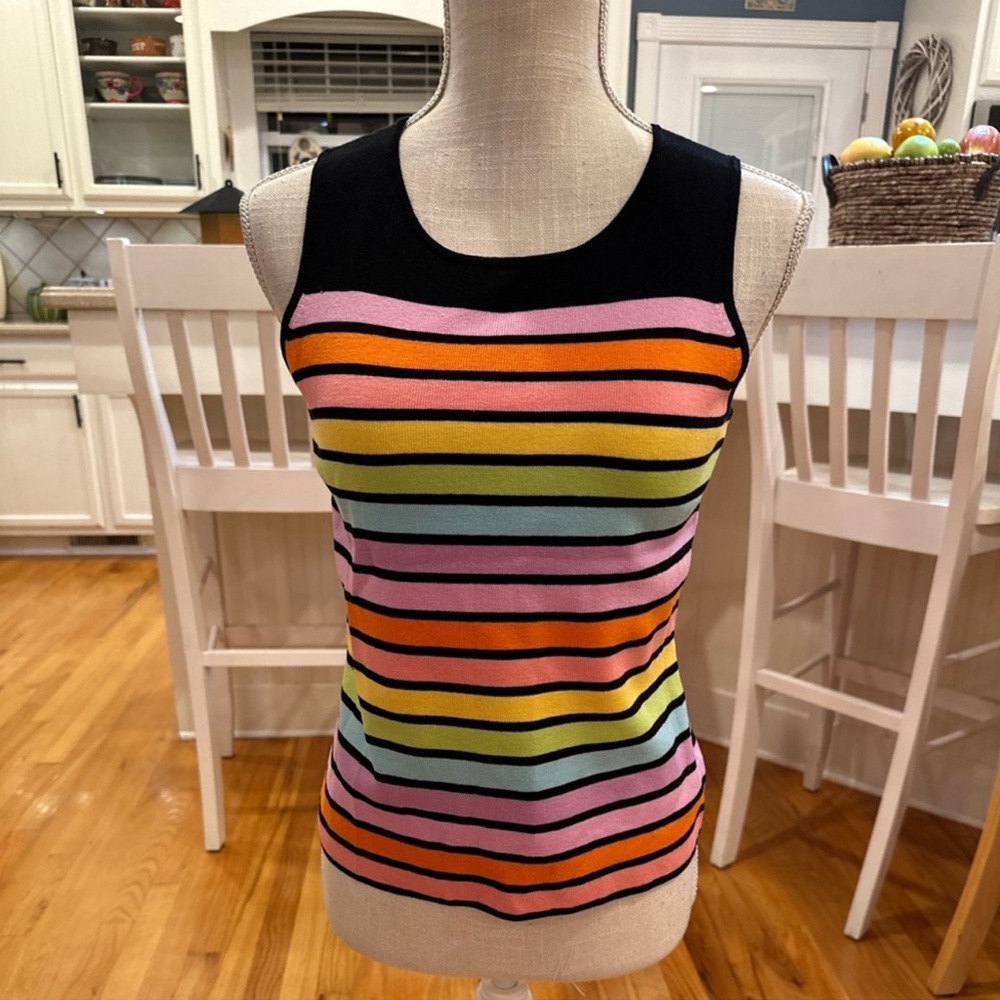 Striped Sleeveless Knit Top in Black with Pastel Multicolor Stripes